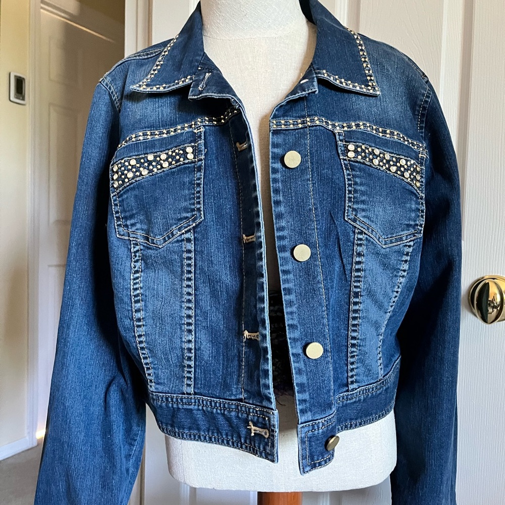 Chico's Platinum Dark Blue Denim Jacket with Stud Accents